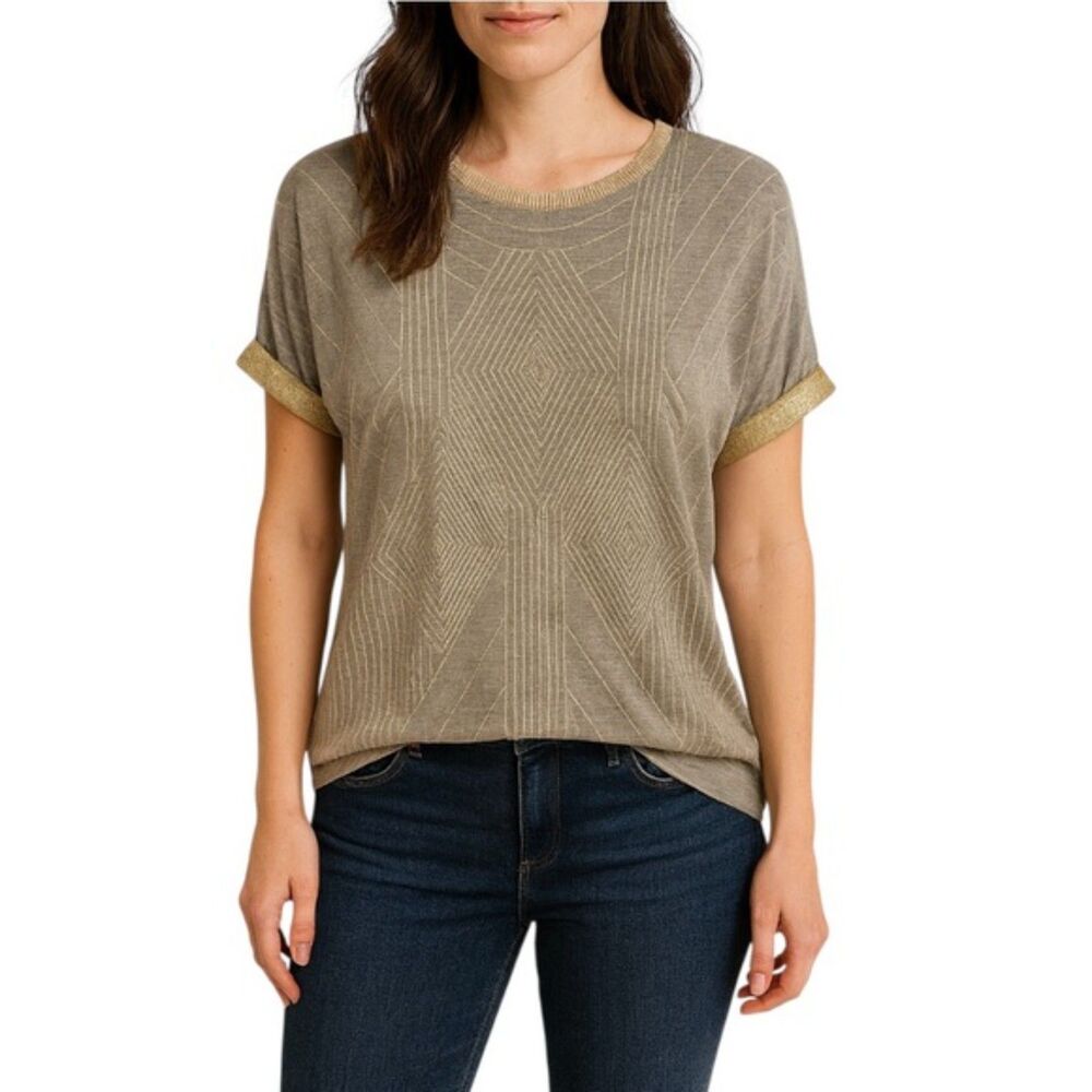NWT ZARA Women’s Geometric Gray & Gold Cuffed Sleeve Shirt | Large